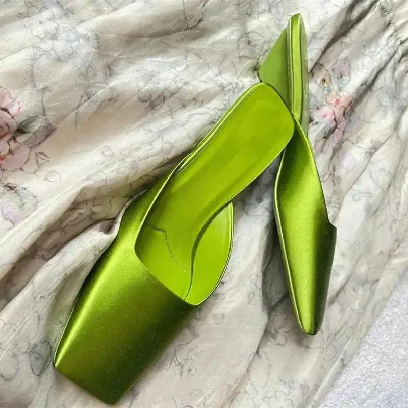 Fashion Luxury Satin Design Mules Shoes for Women Summer Sexy Square Head Strange Low Heel Slide Sandals Elegant Comfort Dress Slippers