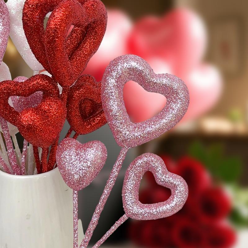 Glitter Heart Shaped Picks Foam Hearts Floral Sparkly Stick For Valentine's Day Wedding Party Decorations Home Vase Supplies