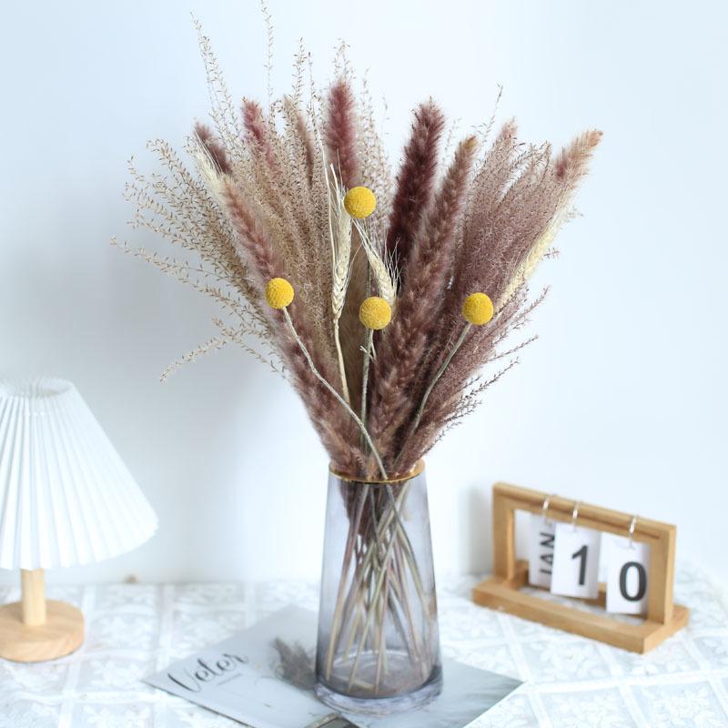 Nordic Style Mixed Dried Flower Bouquets with Reeds, Dusters, Golden Balls, and Lagurus Ornaments for Home Decor.