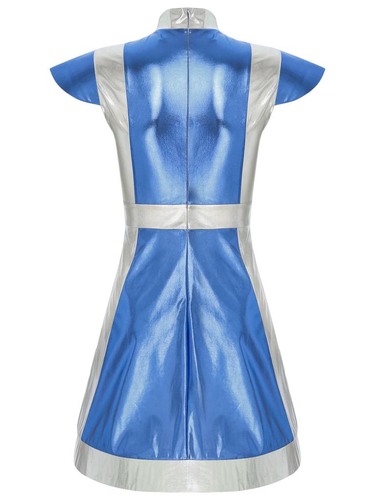 Women's Space Fighter Costume Alien Dress-Up, Metallic Shiny Contrast Dress with Mock Neck & Cap Sleeves for Halloween Cosplay