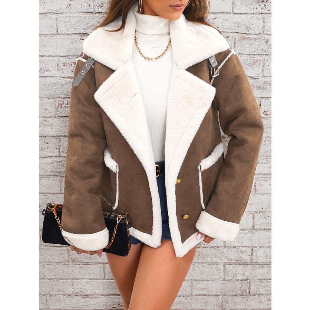 2026 New Women's Faux Fur Collar Jacket, Winter Warm Plush Cozy Casual Outwear with Fashionable Lapel Design for Cold Weather