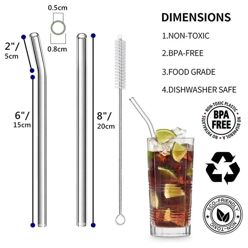 4PCS Reusable Glass Straws Multi-Color Drinking Straw for Milk Tea Juice Cocktail Straight & Bent Straw with Cleaning Brush