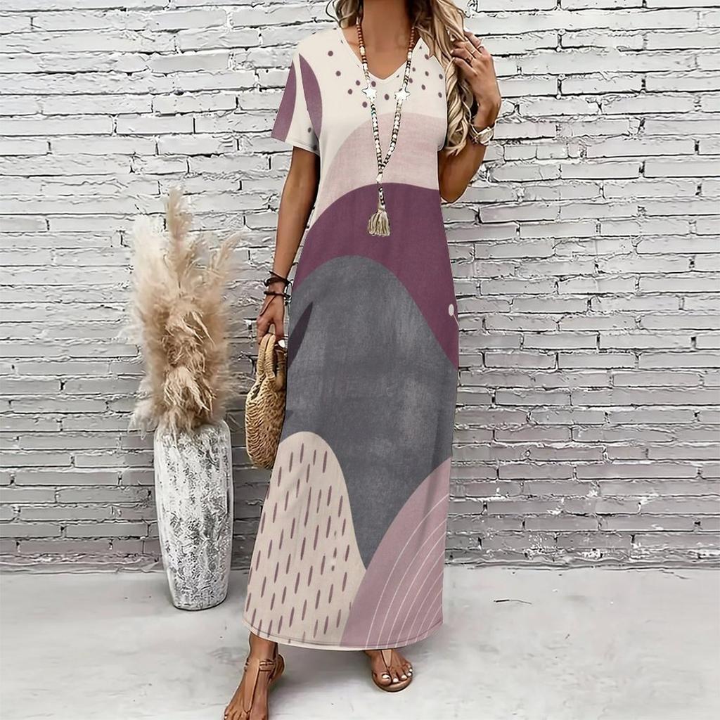 Women Plus Size V Neck Short Sleeve Geometric Printed Straight Maxi Dress