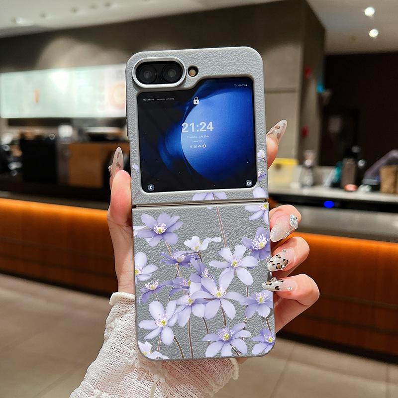 Leather Texture Soft TPU Folding Case For Samsung Galaxy Z Flip7 Flip6 Flip5 Flip4 Z Flip 7 FE 6 5 3 5G Plant Print Phone Cover