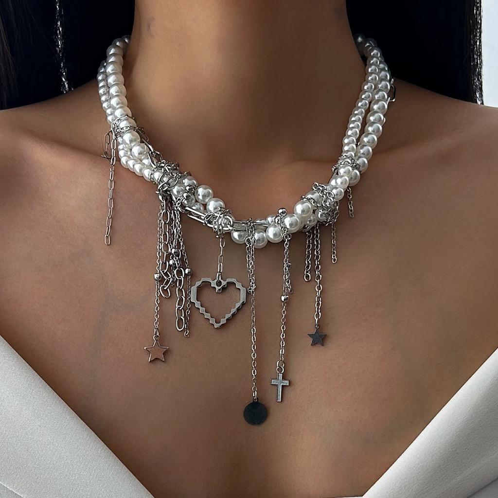 Ingemark Multilayer Vintage Star Love Heart Tassel Link Pendant Choker Necklace Creative Imitation Pearl Chain Party Jewelry New