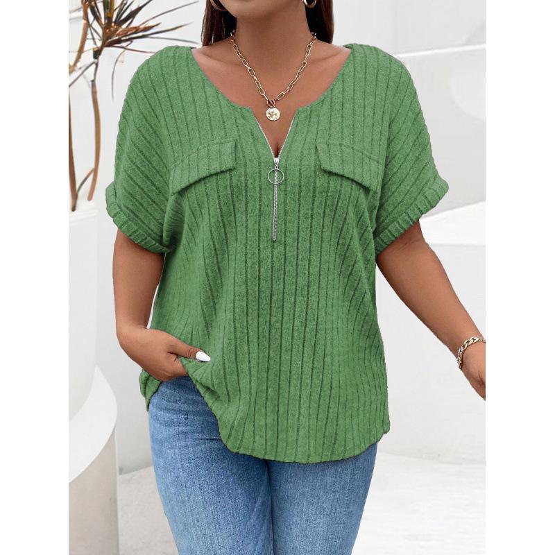 

Spring Summer 2026 Plus Size Solid Color Women s Short Sleeve Zipper Faux Pocket Loose Pullover T-Shirt 2XL
