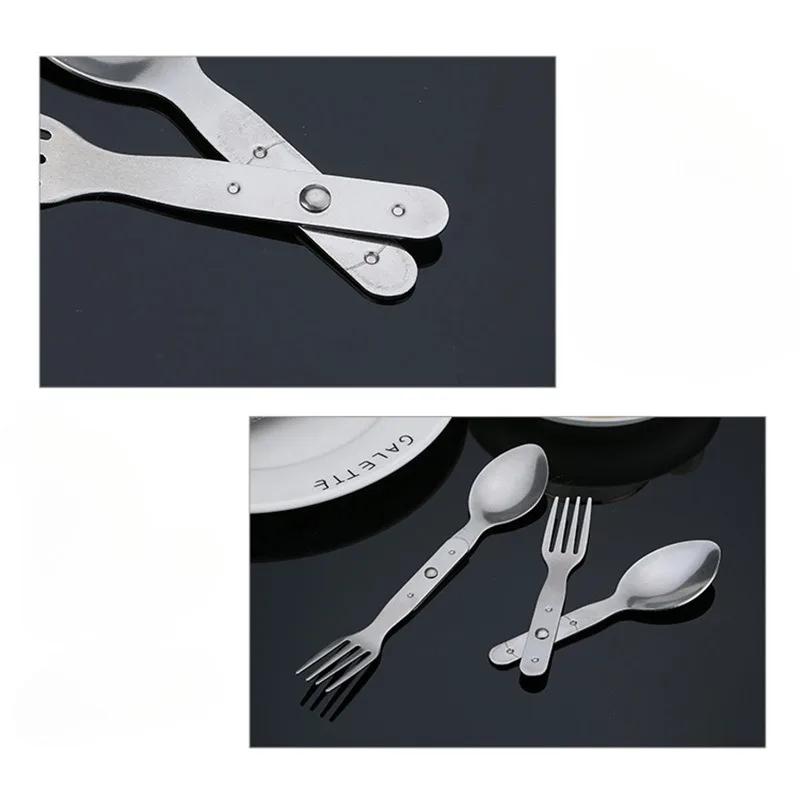 2-in-1 Foldable Fork 304 Stainless Steel Spoon Multifunctional Camping Silver Space-saving Portable Spoon & Fork for Camping