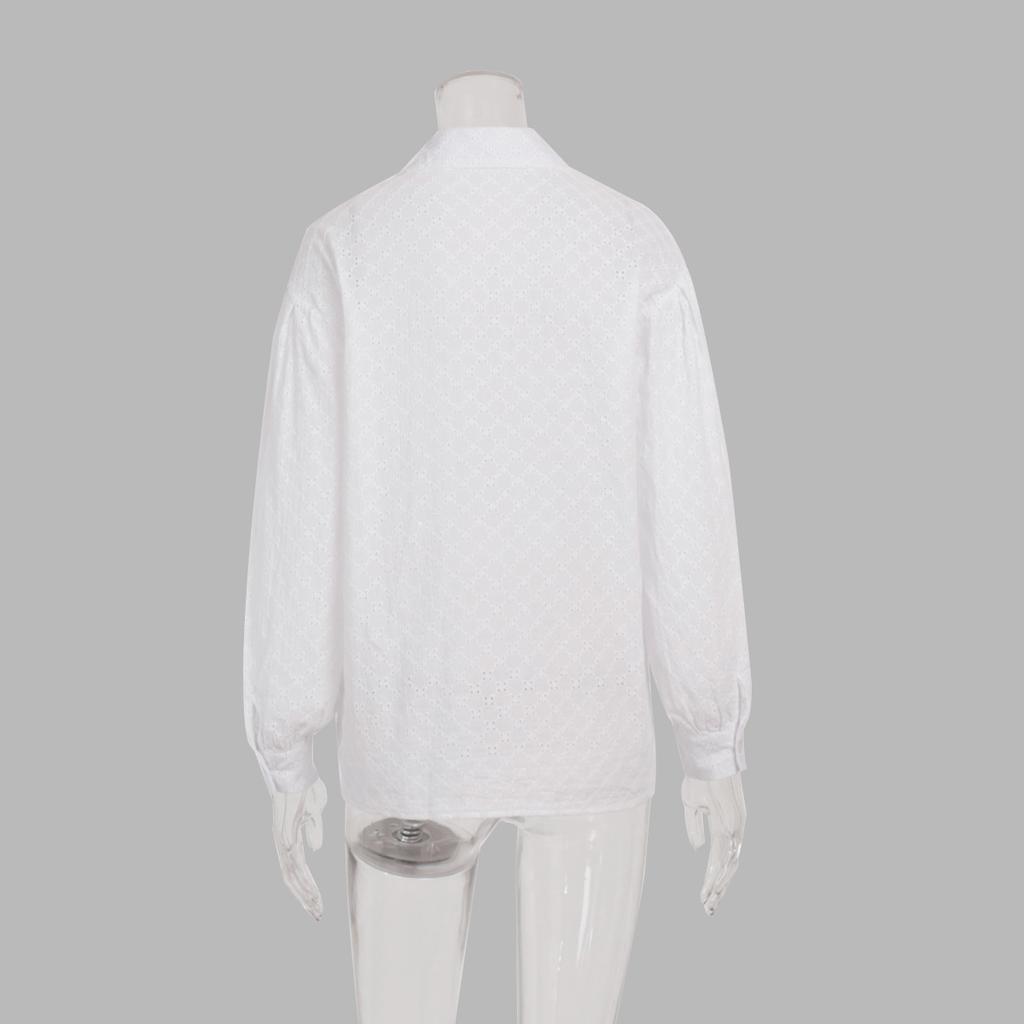 GMXIA Women's Lantern Sleeve Jacquard Shirt Spring Temperament Versatile Polo Collar Small Hollow Design Shirt