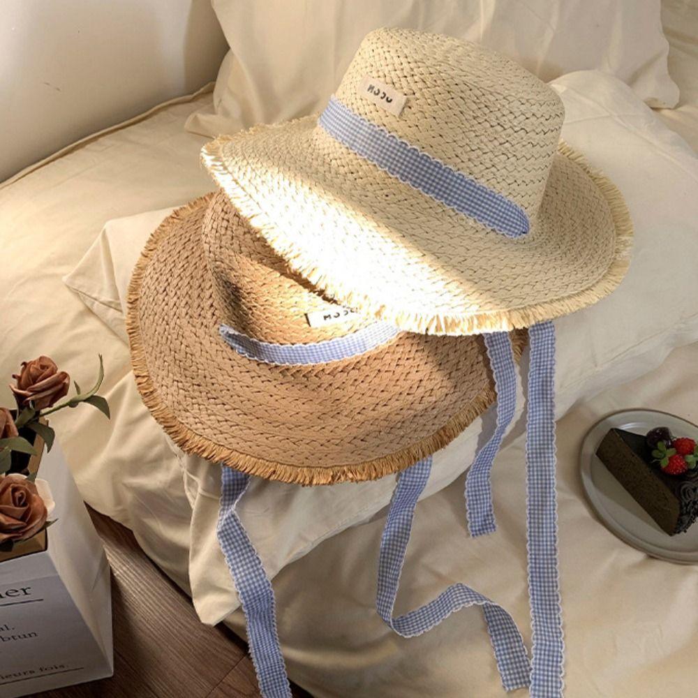 Letter Straw Weave Sun Hat Stripe Bowknot Beach Sun Cap Summer Sunscreen Bucket Hat  Summer