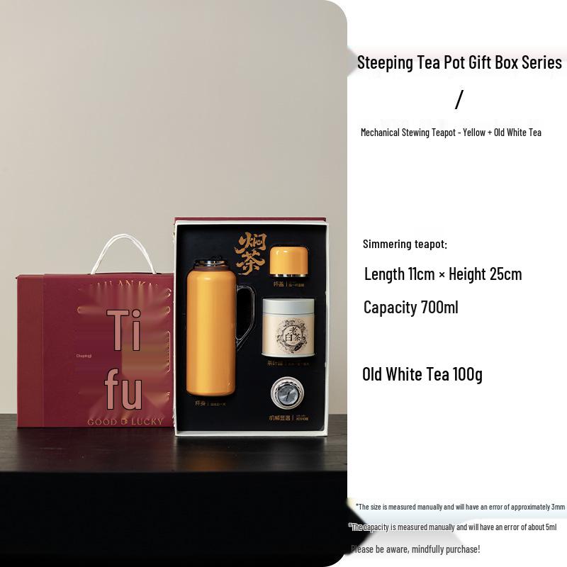 

Stainless Steel Yellow Thermos Flask with Stewing Tea Pot, Gift Box Set, Portable Outdoor Warm Water Bottle, and Kettle Gift.