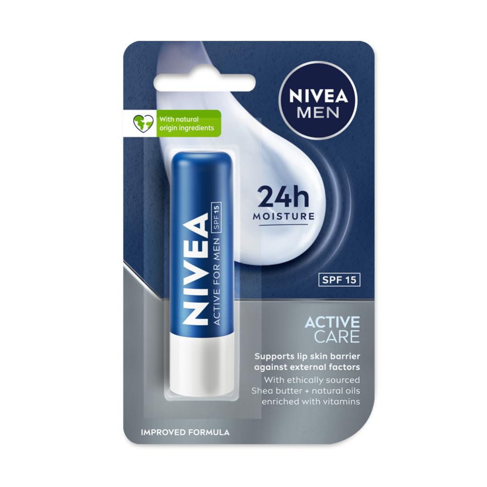 

Nivea Men Active Care Бальзам для губ для сухих губ с SPF 15, 24 часа увлажнения, без блеска, стик 4,8 г (Пакет из 1), Аромат бесплатно