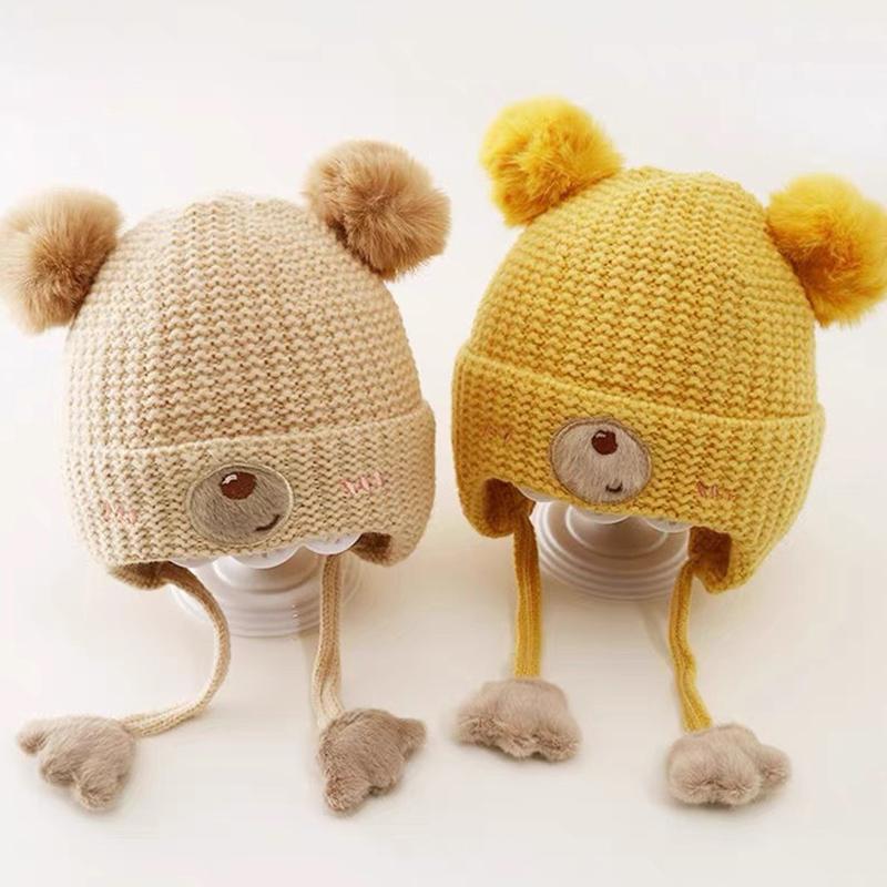 Baby Wool Hat For Boy Girls Cute Bear Ear Protection Hat Children Winter Thickened Warm Knitted Korean Cute Pompom Baby Hat