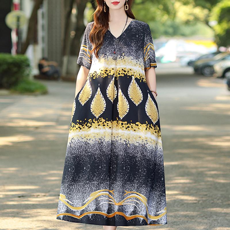 Women's Plus Size V-Neck Floral Long Dress – Short Sleeve Loose Fit Casual Dress with Pockets (Sizes XL-5XL)
