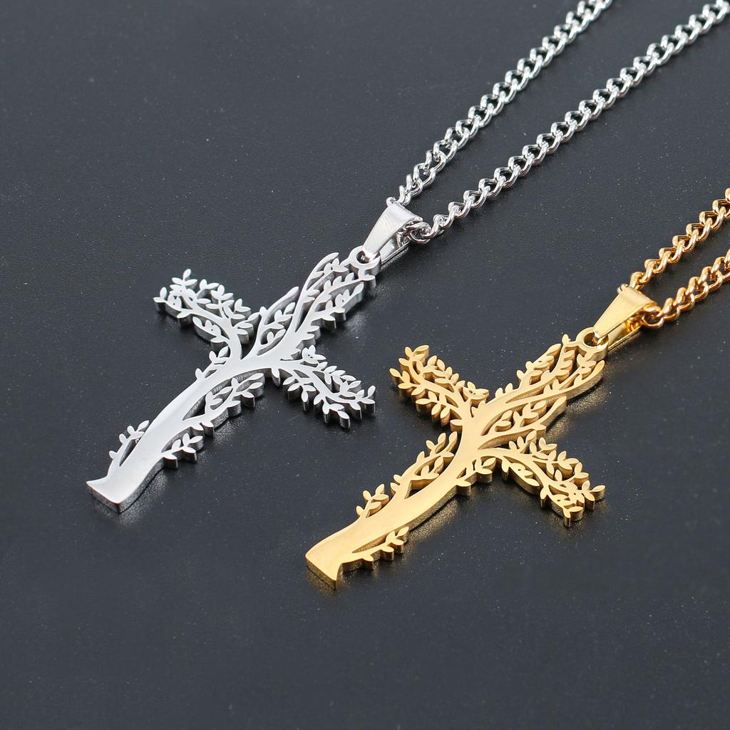 Stainless Steel Tree Trunk Cross Shape Necklace for Women Choker Aesthetic Jewelry Gift