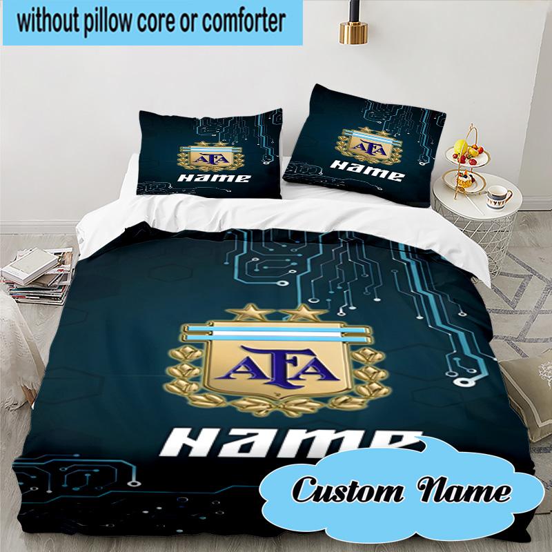 3PCS Custom Name Argentina Football Crest Bedding Set, Including 1pc Duvet Cover And 2pcs Pillowcases, Suitable for Dorms and Bedrooms Gift