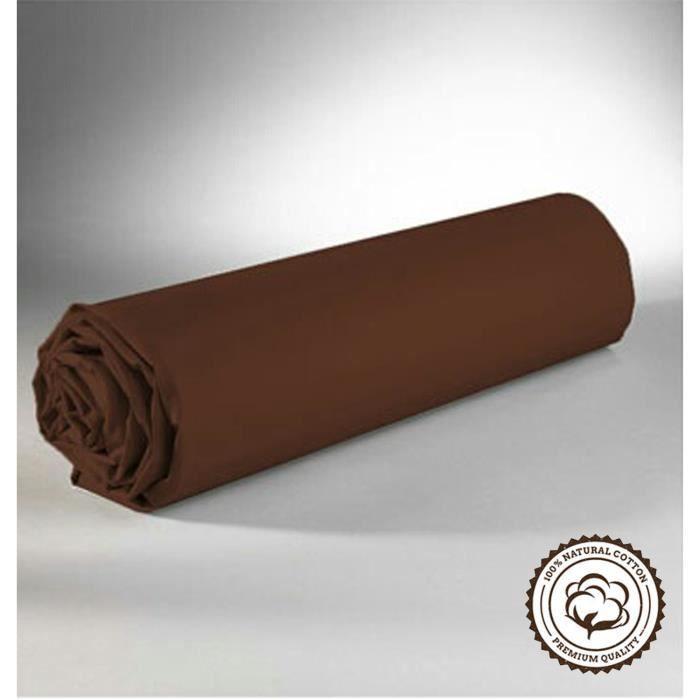 Drap Housse - Marron - 180x200 cm - 100% Coton - Lavable en machine - 2 Personnes