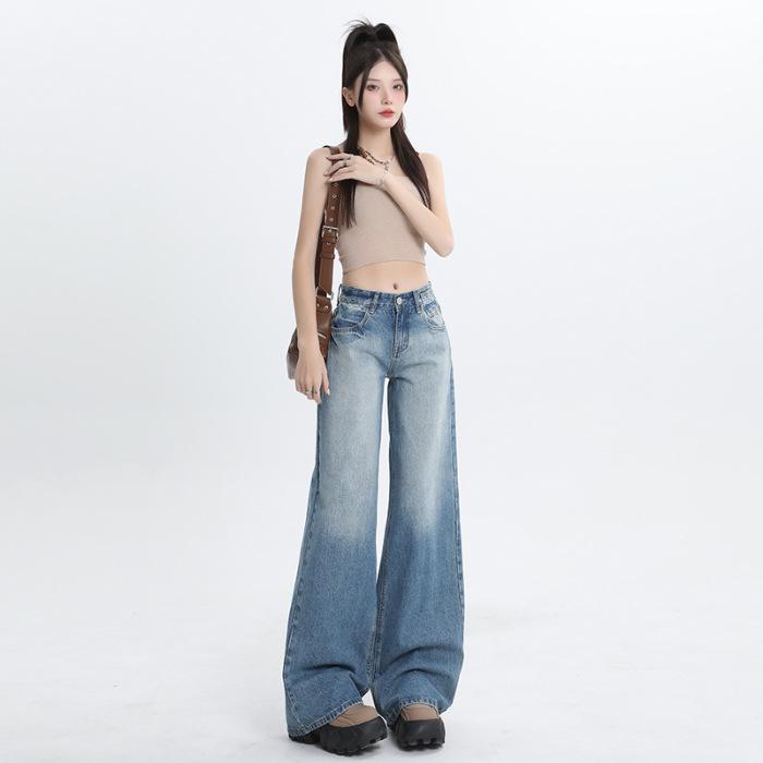 Summer Vintage Washed Relaxed Straight Drape Floor Wide Leg All Match Denim Pants For Ladies Casual Pants Oversize Denim Trousers
