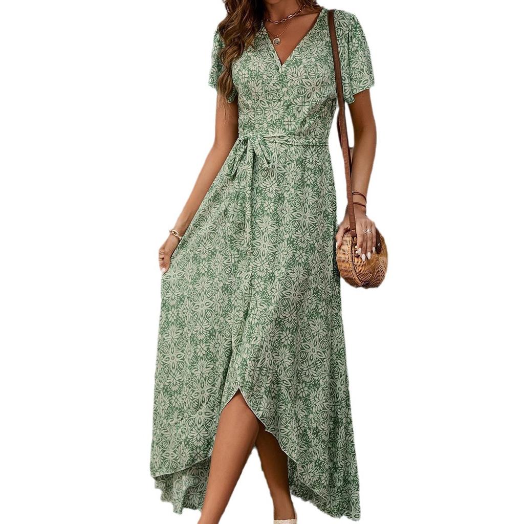 Summer New European and American Women's Clothing V-neck Printing Short-sleeved One-piece Strap Skirt Beach Vacation Swinging Dress