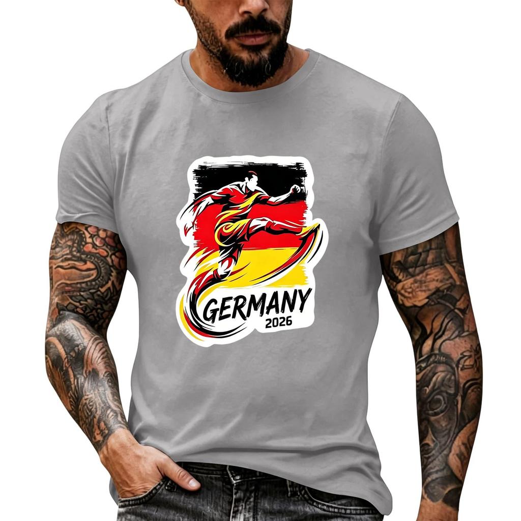 Short Sleeve Casual T Shirt with Graphic Print Soccer Player Illustration and Text Germany 2026 Soft Comfortable Fit for Everyday Wear