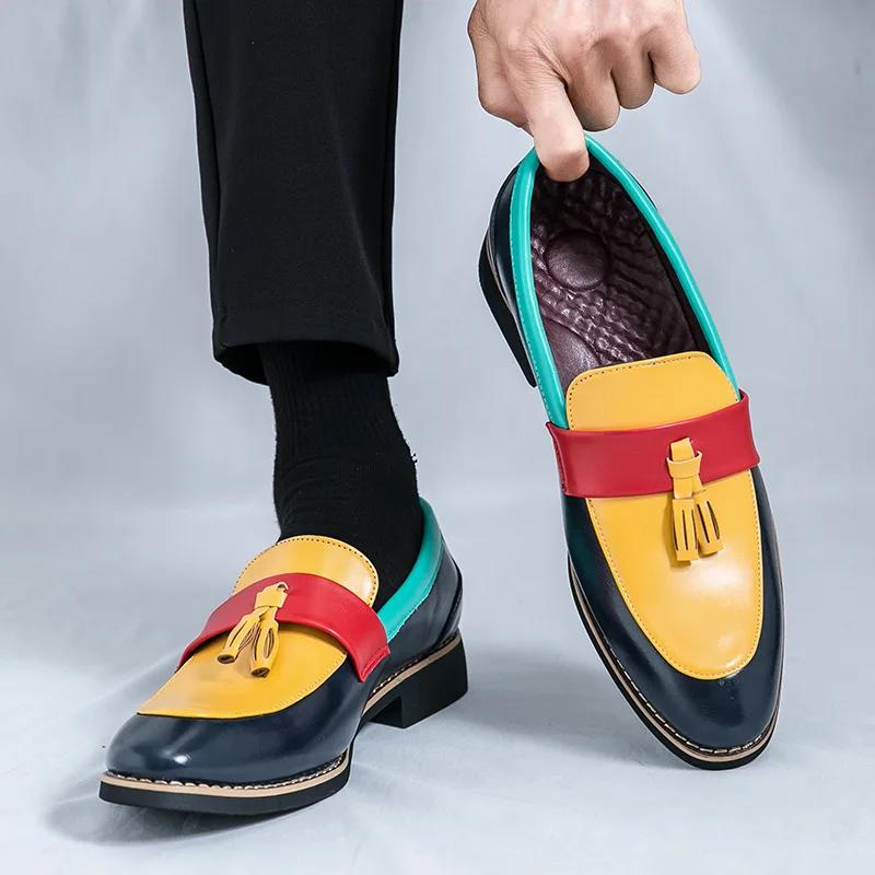 Fashion Fashion Mixed-Colors Leather Shoes Men Pointed-Toe Elegant Dress Shoes Man Luxury Tassels Wedding Shoes for Men zapatos hombre