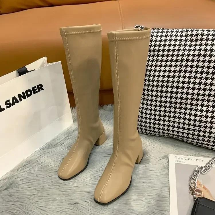 Móda 2024Móda Ženy Černé Blokové Vysoké Podpatky Dlouhé Kozačky Nové Zimní Teplé Kozačky po Koleno Měkká Kůže Kozačky Nad Koleno Boty