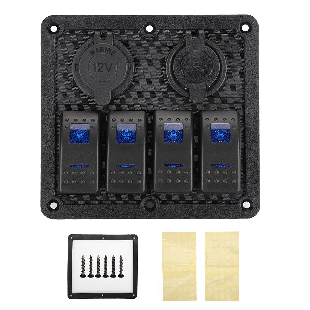 12V 24V 4 Gang Rocker Switch Panel IP65 Waterproof with Lighter Socket 2 USB for Car Boat