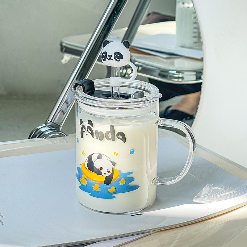 High-Value Transparent Water Cup Gift Cute Cartoon Breakfast With Lid Household Wind Glass