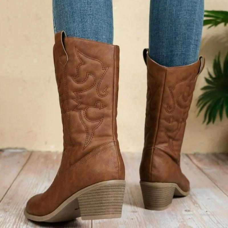 Fashion 2025 New Ladies Shoes Slip-on Women's Boots Fashion Embroidery Modern Boots Women Hot Sale Round Toe Mid-Calf Shoes Womenzapatos