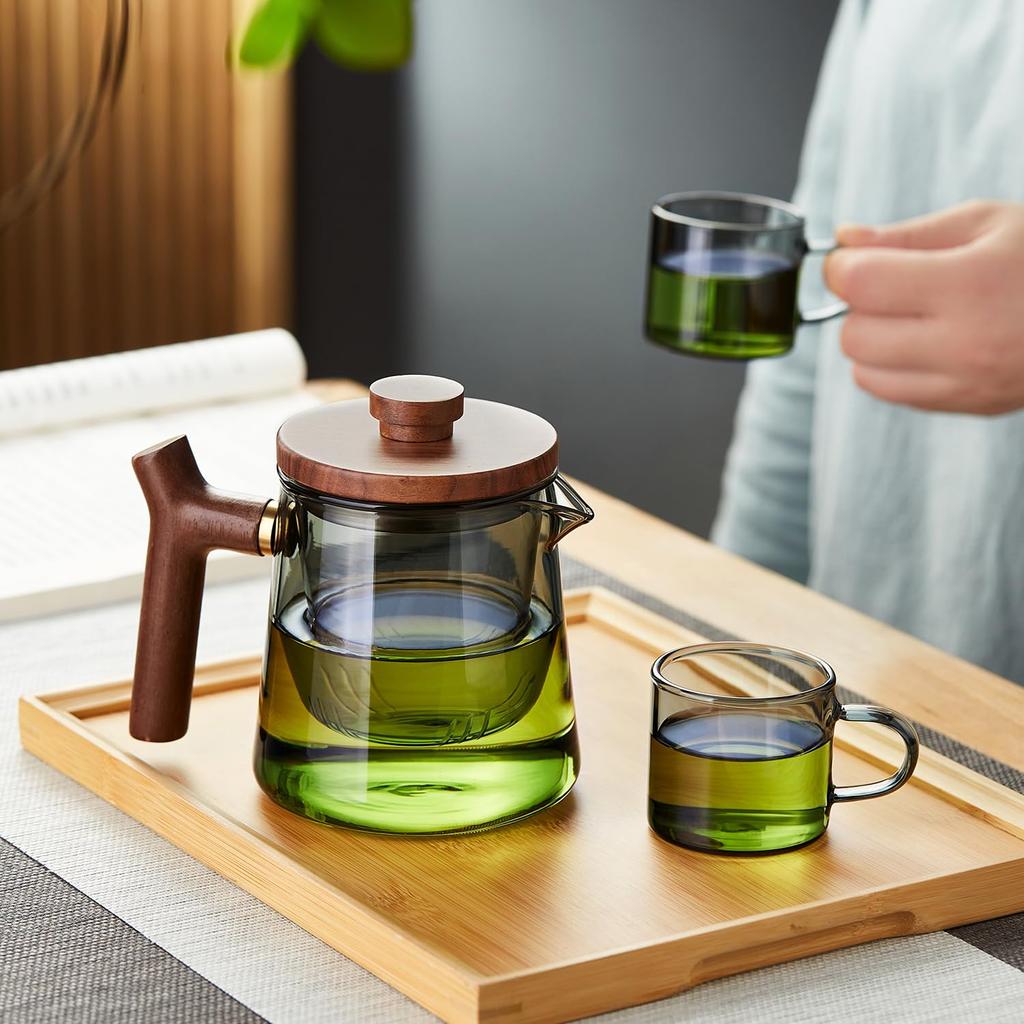 Pokaro Tea Heat-Resistant Glass Teapot, Ink Blue, 560ml Full Capacity, Glass Tea Strainer, Wooden Lid and Handle, Stylish Kyusu Kyusu, Modern Design,