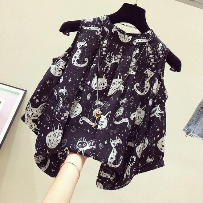 

Літня блуза з принтом із мультфільмом «Кот» Жіночі топи з відкритими плечима з круглим вирізом і коротким рукавом Шифонова сорочка вільного крою Біла Чорна 3XL чорний