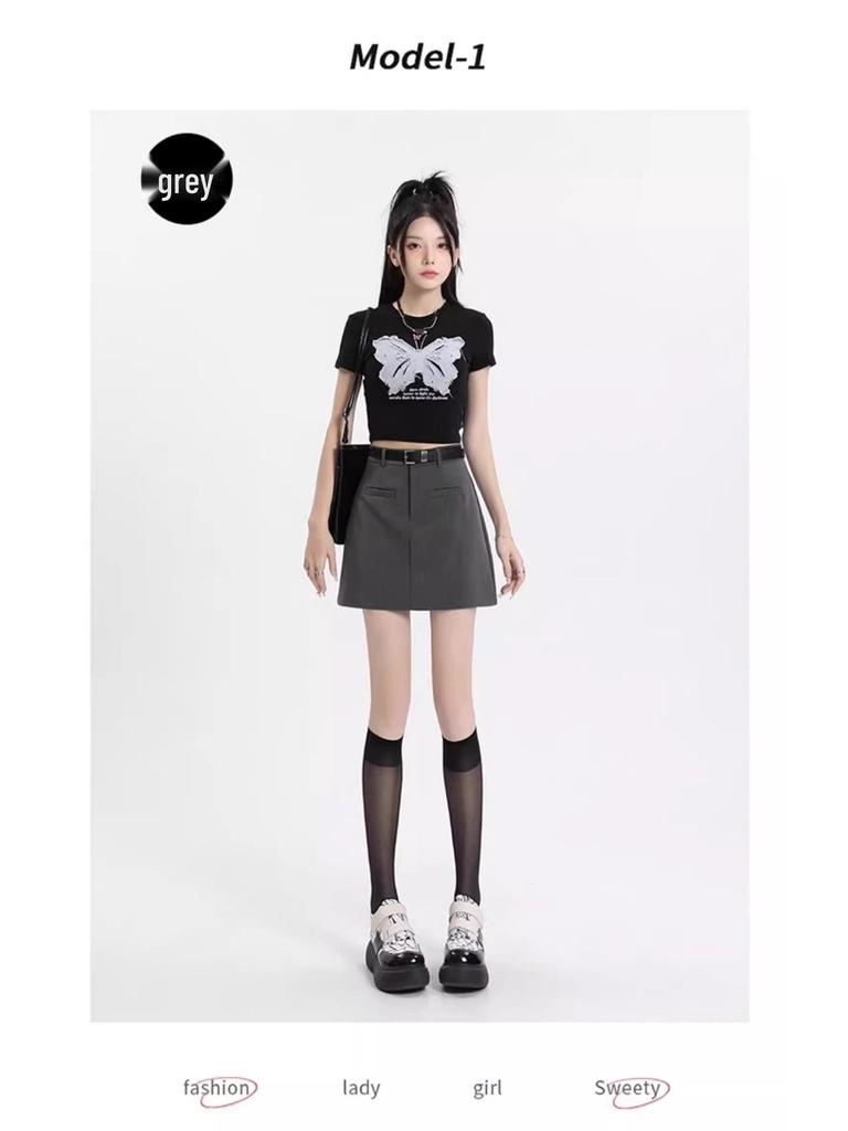 2025 Women's Gray High-Waist A-Line Miniskirt: College Style, Summer Slimming, Anti-Exposure Hip-Hugging Design