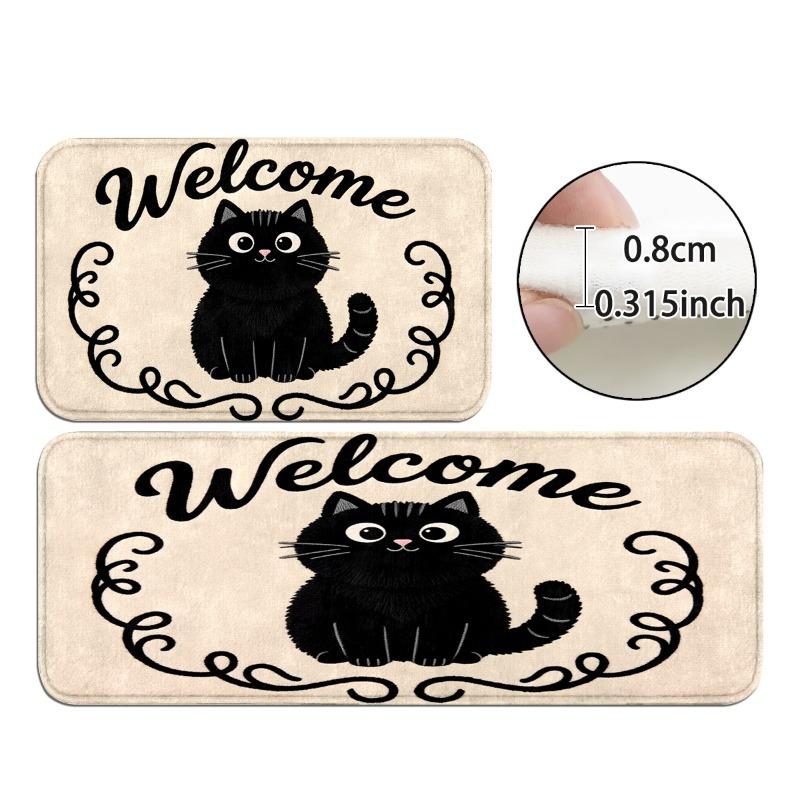 Curled Black Cat Welcome Flannel Floor Mat, Door Non-slip Foot Mat, Entrance Atmosphere Decorative Carpet
