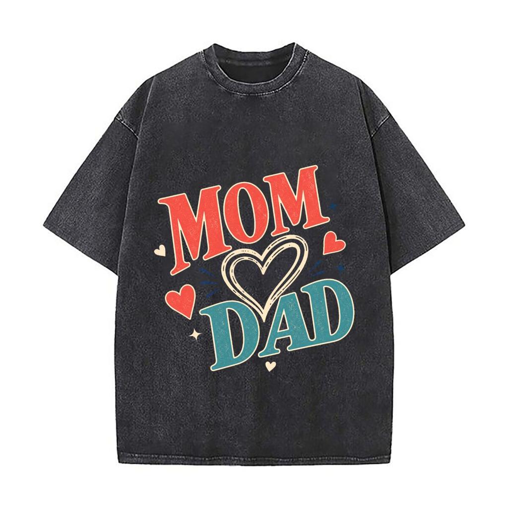 Retro Mom Dad Love Outline Retro Washed Distressed T Shirt Men Summer Casual Short Sleeve