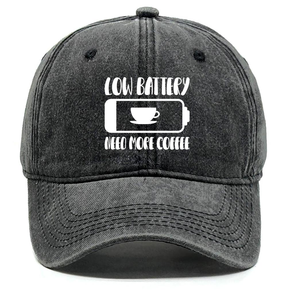 LOW BATTERY NEED MORE COFFEE" Print Adjustable Sun Hat, Mesh Hat Washed Curved Brim Fit Sunshade Snapback Baseball Hat