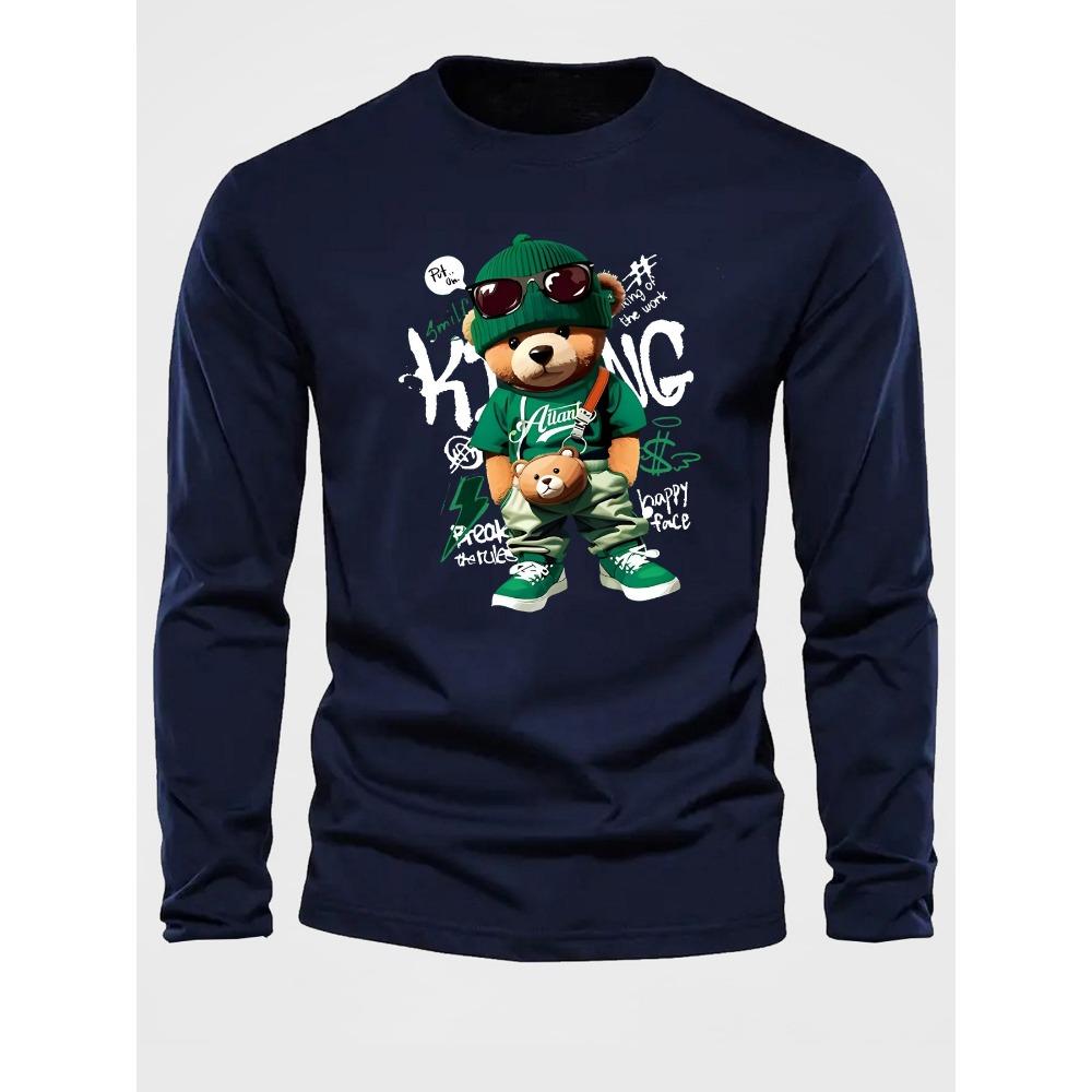

Men s Sports Casual Fashion Cartoon Bear Print Round Neck Long Sleeved T-shirt Top S