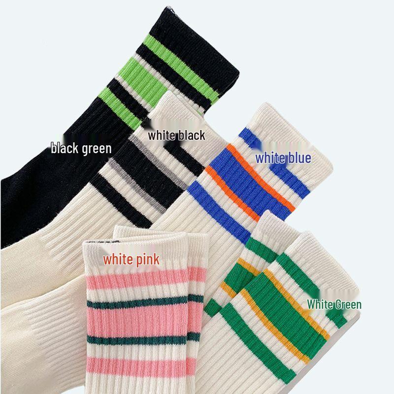 Striped Sporty Mid-Calf Socks for Women - Thin, Solid Color, Summer Mori-kei Style, Ideal with Yoga Pants and Perfect for Spring and Autumn. White-Green