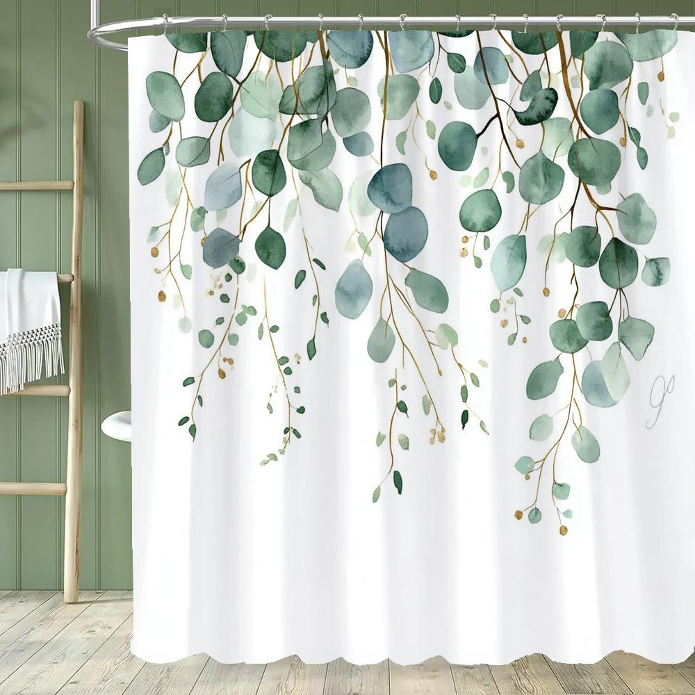 Green Leaf Shower Curtain, Plants and Eucalyptus Leaves Bathroom Decor, Waterproof Polyester Shower Curtain, Home Decor Curtain