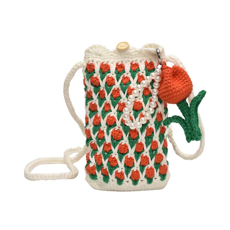 2025 Маленькая сумка через плечо Сумка для мобильного телефона Нишевая Универсальная Тюльпан Шерсть Ручная вязка Готовая сумка