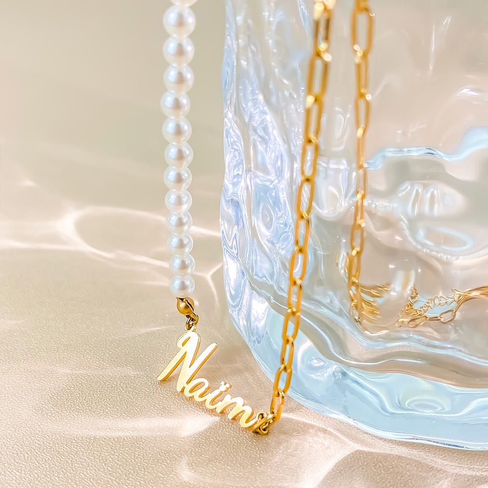 EManco Stainless Steel Paperclip Chain Custom Personalized Name Letter Pendant Fashion Faux Pearl Necklace Dropshipping