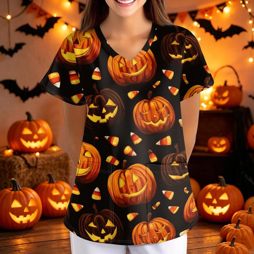 Women Halloween Printed Loose Fit V Neck Short Sleeve Scrub Top with Pockets for Nurses Caregivers Work Uniform