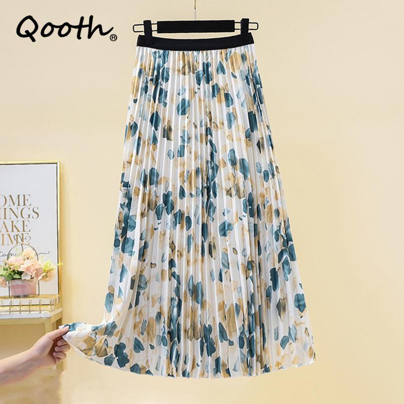

Qooth женская миди-шифоновая плиссированная юбка с принтом, элегантная юбка-трапеция с высокой талией и цветочным принтом на лето и весну QT2080