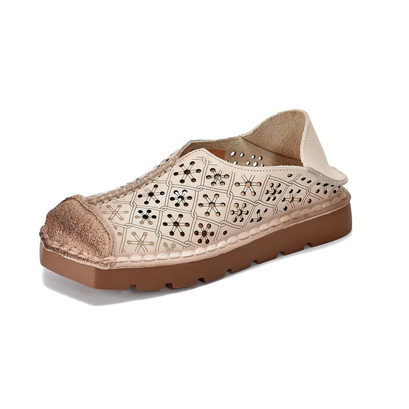 Johnature Hollow-out Breathable Flat Sandals Retro Genuine Leather Soft Soled Women's Slip-on Shoes