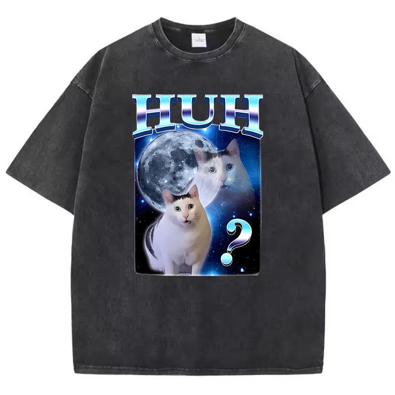 Cat Saying Huh Harajuku T Shirt Vintage Washed Cotton T-Shirt Graphic Tee Casual Streetwear Spring Summer Fall