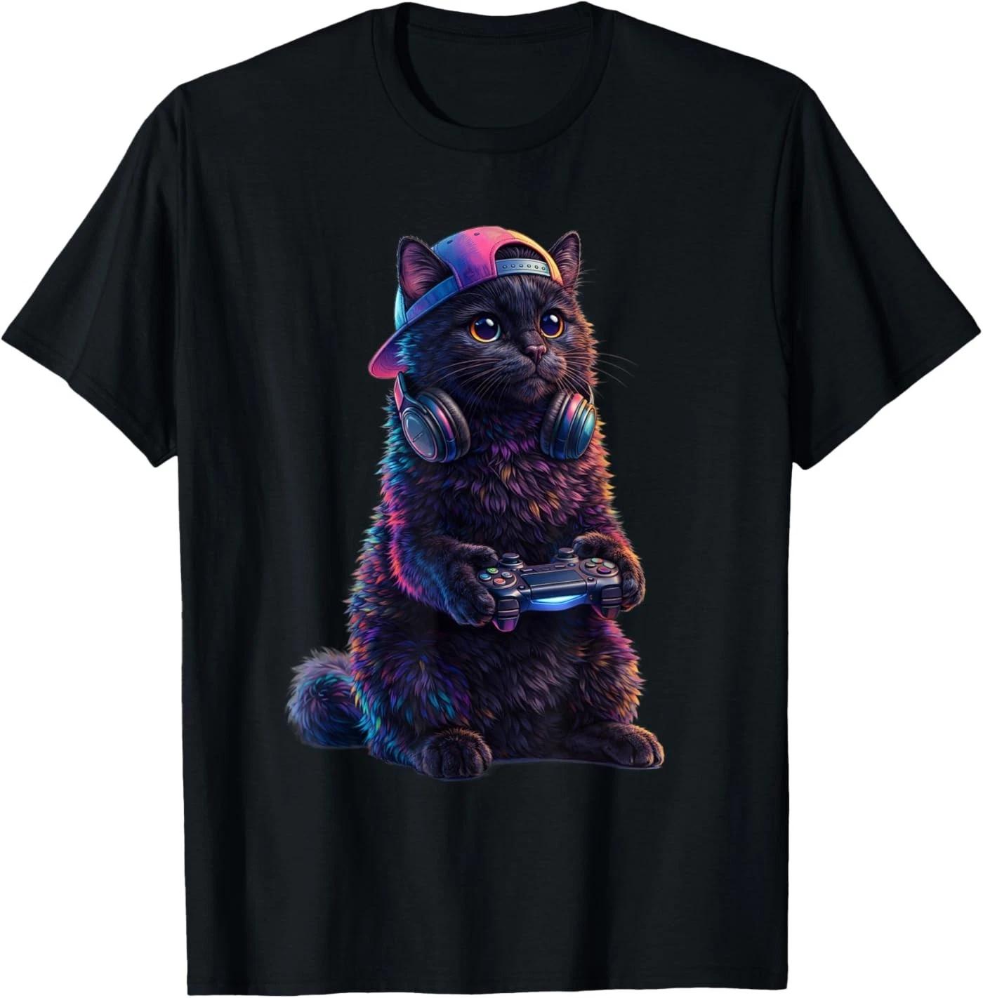 Gamer Cat Playing Video Games Funny Cat Gaming T-Shirt 3XL