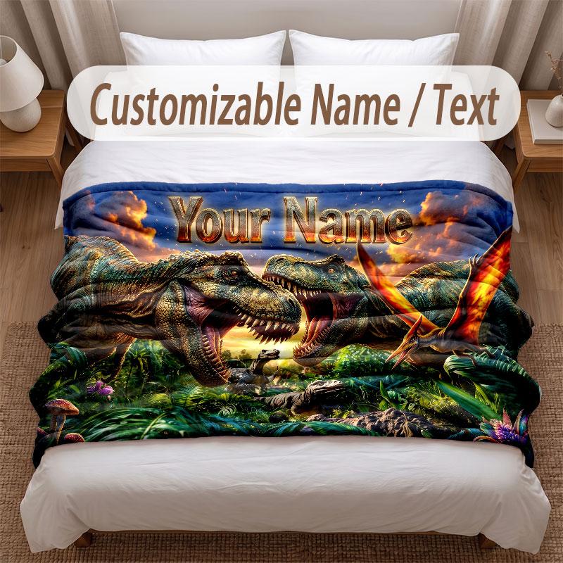 Dinosaur Theme Soft Blanket Personalized Custom Name Text Print Warm Blanket Home Sofa Bedroom Decor