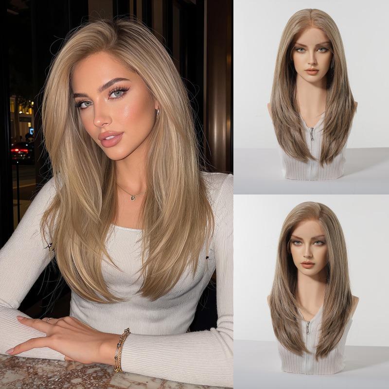 * HD large area lace wig medium black brown long straight hair fashion full hood lace Wig