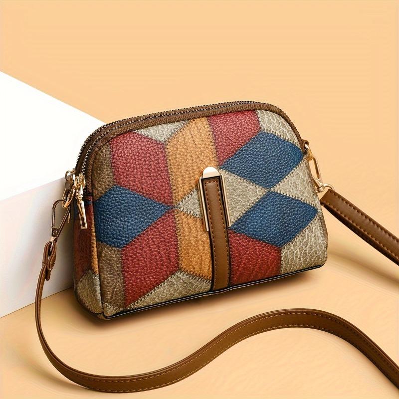 Casual Patchwork Leather Crossbody Bag, Geometric Color Block Mini Shoulder Purse, Versatile for Women Work Daily Occasions