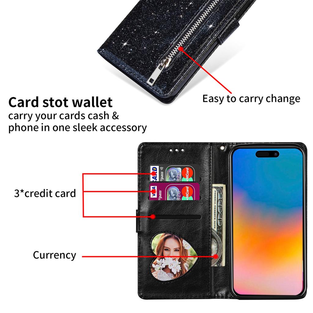 For iPhone 15 Glittery Zipper Pocket Leather Case Wallet Stand Anti-drop Phone Cover