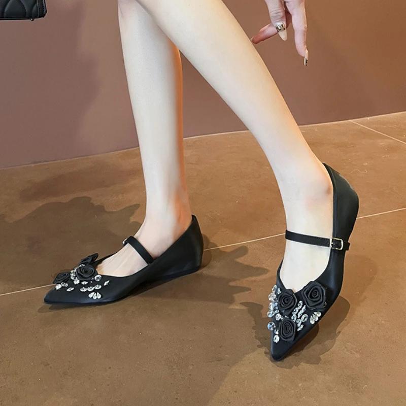 Zapatos Planos de Mujer con Punta Fina y Diseño de Flor de Marca de Moda, Casuales para Boda y Fiesta, Cómodos, Zapatos Mary Jane con Pedrería