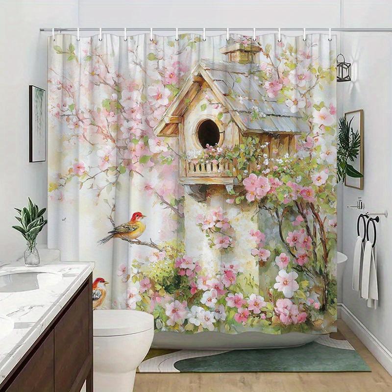 1pc Birdhouse Shower Curtain - Cherry Blossoms, Soft Pink & White Flowers, Dreamy Sky, 70.8x70.8", 12 Hooks, Washable Polyester